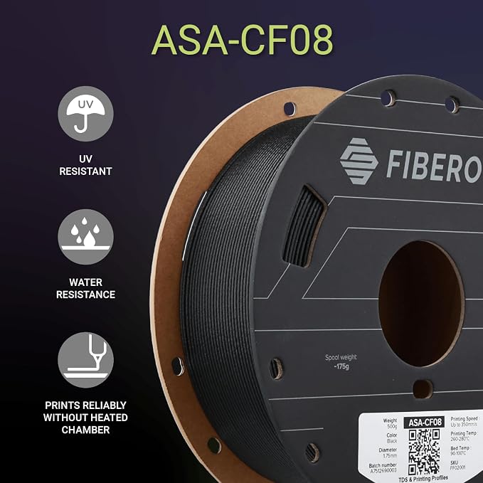 Polymaker Fiberon ASA-CF08 Black Carbon Fiber 3D Printing Filament 1.75mm 0.5KG, UV & Weather Resistant, High Rigidity, Heat Resistant, Easy to Print, Functional Parts & Prototypes, 6 Vibrant Colors