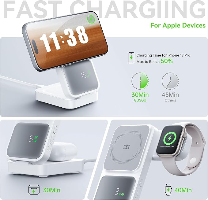 3-in-1 Charging Station for MagSafe Wireless Charger Clock, LED Screen with Power Display, 15W Fast Charging, Compatible with iPhone 17/Air/16/15, iWatch Ultra 3, AirPods Pro 3, White