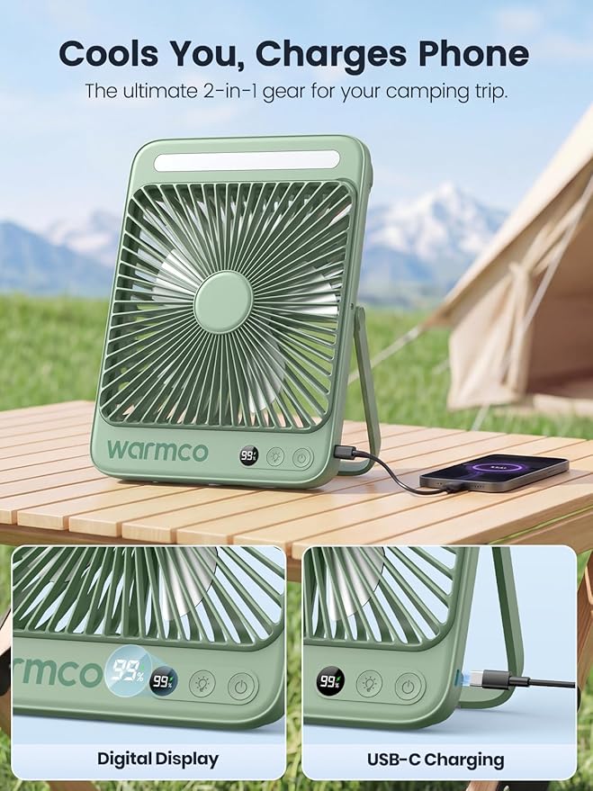 Warmco D4 Battery Powered Camping Fan 20000mAh, LED Lantern | Up To 48H Runtime, Ultra-Slim Quiet 8-Inch Fan, Digital Display & Hook For Tent, Bedroom, Outdoor & Travel