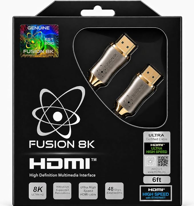 Fusion8K Certified HDMI 2.1 Cable 48Gbps 6 Feet - 10K 8K@60Hz 4K@120Hz 144Hz | eARC HDR10 Dolby Vision HDCP 2.3 | Braided Cord for PS5, Xbox Series X, Apple TV 4K, Roku, OLED TV
