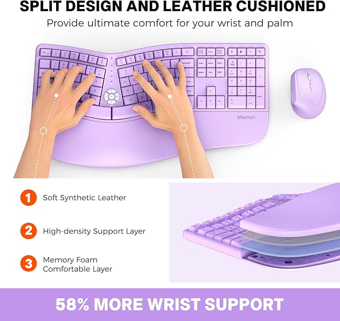 MEETION Ergonomic Wireless Keyboard and Mouse, Curved Keyboard with Vertical Mouse, Split Ergo Keyboard with Wrist Rest, Natural Typing Rechargeable Full Size, Windows/Mac/PC/Laptop, Purple
