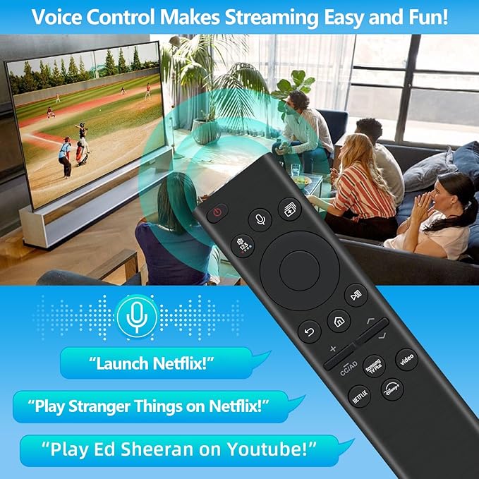 Rechargeable TV Remote for Samsung Smart TVs, Replacement for All 2019-2026 Samsung TV Remote Control with Voice Control. USB-C Fast Charging. Solar Charging. 2-Year Warranty.