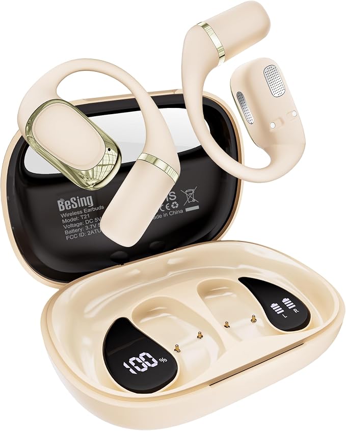 Open Ear Earbuds, Over Ear Headphones with Ear Hooks, True Wireless Bluetooth 6.0 Earphones, Stereo Sound, Ultra-Comfort, 50H Playback, IPX7 Waterproof Ear Buds with Mics for Running Sports