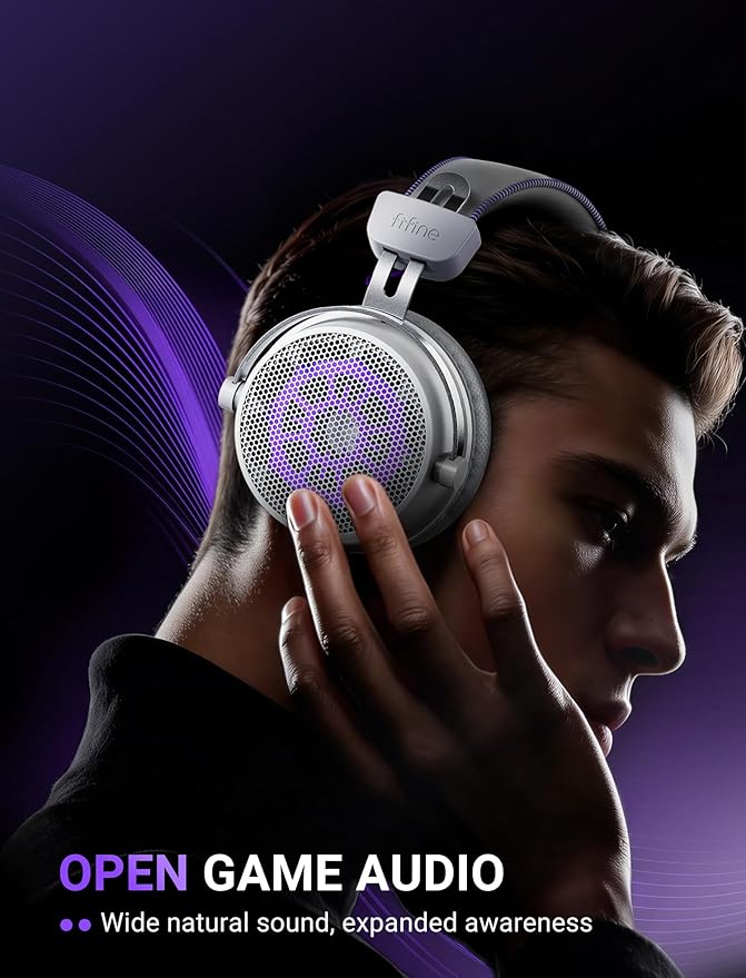 FIFINE Open Back Gaming Headset with 7.1 Surround Sound - Dual Wired USB/3.5mm Connection - USB Control Box - Detachable Mic, Over Ear Headphone for PC, PS4/5, Xbox, Switch, Mobile - H18V Lite WP