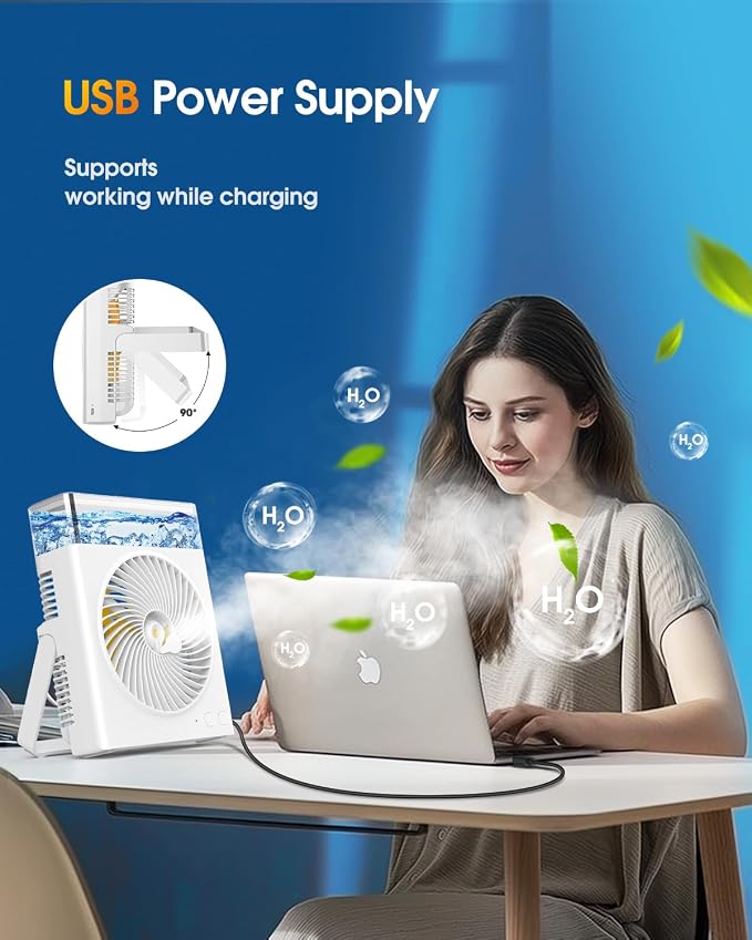 JINLICTE Portable Misting Fan,【Max 15H Runtime】 8-Inch Rechargeable Water Cooling Mist Fan with 600mL Water Tank, Quiet USB Battery Powered, Perfect for Camping Home Outside Office Travel
