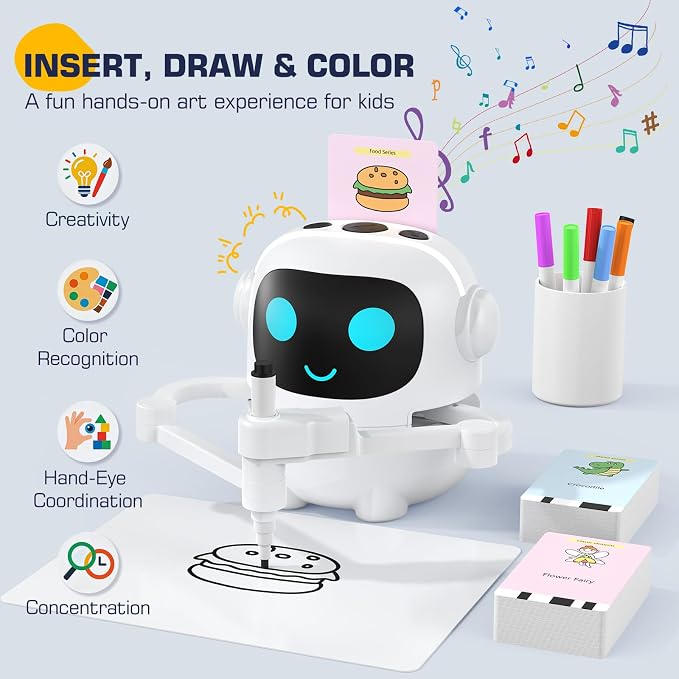 Drawing Robot for Kids, 200 Cards Voice Interactive Educational Toy for 3 4 5 6 7 8 Year Old Boys and Girls. Montessori Painting Learning Robot with Music, Party Birthday Gifts