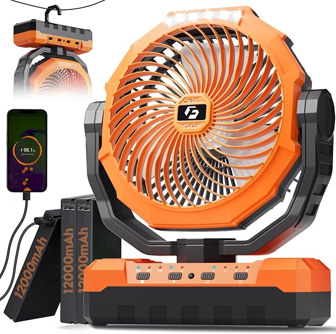 FRIZCOL 3-in-1 Camping Fan - Portable Fans Rechargeable - 36000mAh Detachable Battery Powered Fan with Light & Remote for Indoor Outdoor, Tent, Travel, Fishing, Jobsite, Gifts for Men Dad Him - Orange