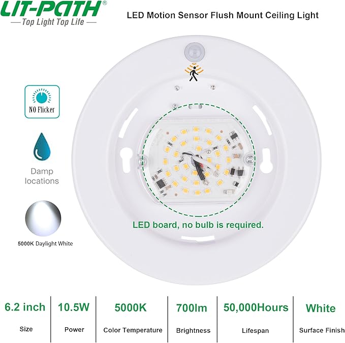 LIT-PaTH LED Flush Mount Ceiling Light, Closet Lighting Fixture with Motion Sensor, 10.5W, 700 Lumen, 6.2 Inch, Anti-Rust Galvanized Housing, White Finish 5000K 4-Pack