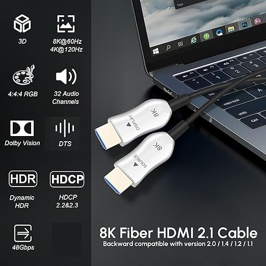 8K Fiber Optic HDMI 2.1 Cable 100ft, Long Active HDMI Cable, High Speed Fiber HDMI Cord, 48Gbps, 8K@60Hz 4K@120Hz, Dynamic HDR, Dolby, HDCP 2.2&2.3, 3D, for HDTV Monitor Game Laptop Home Theatre
