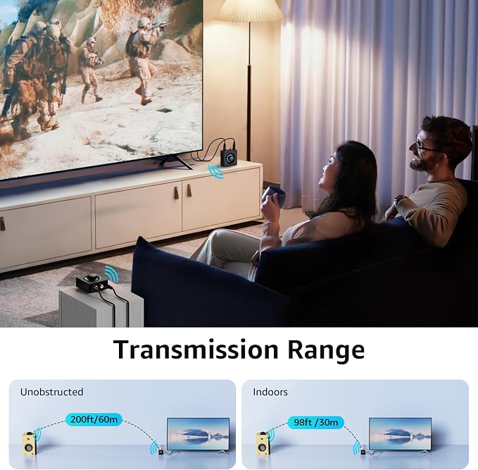 1Mii 2.4GHz (1 TX + 1 RX), Wireless Transmitter Receiver - 200ft Long Range 25ms Low Latency, Wireless Audio Adapter with RCA/AUX, Plug & Play for TV/Home Stereo/Soundbar/Powered Speakers/Amplifier