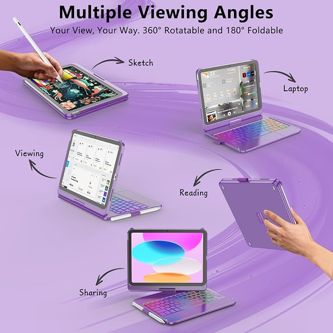 HOTLIFE for iPad A16 11th Generation/10th Generation Case with Keyboard,Touch Keyboard for iPad 11" /10th Gen 10.9 inch 2022-10 Color Backlight, 360° Rotatable Protective Cover (Purple)