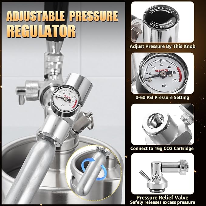 128oz Mini Keg Growler with Adjustable Faucet, Stainless Steel Beer Growler Tap System Upgrade Draft Beer Dispenser System with CO2 Regulator Keep Fresh and Carbonation for Homebrew, Craft