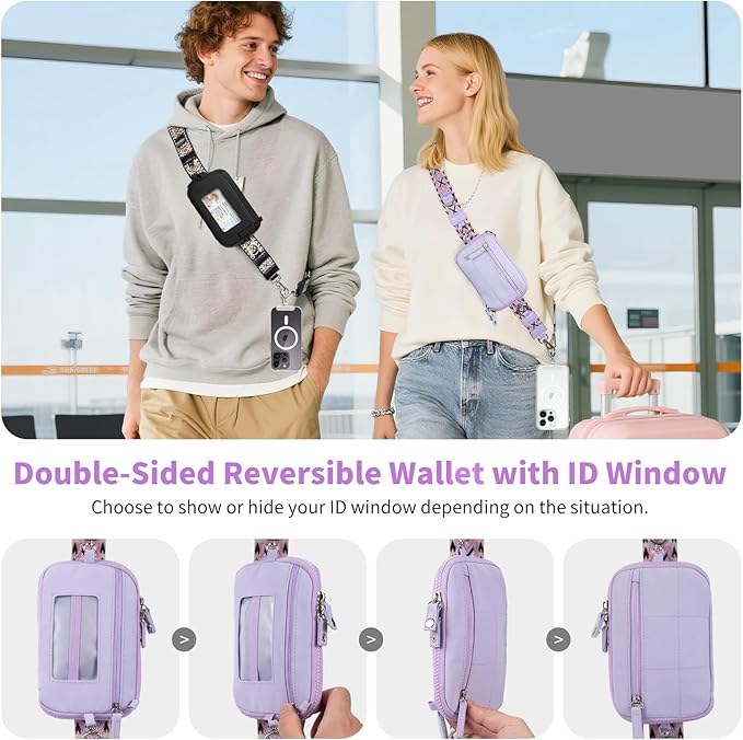 Tiostep Clip and Go Strap for Phone with Wallet Crossbody Phone Lanyard with Anti-Theft Zipper Pouch Detachable Quilted Wrist Wallet with RFID and ID Window for Daily Travel.