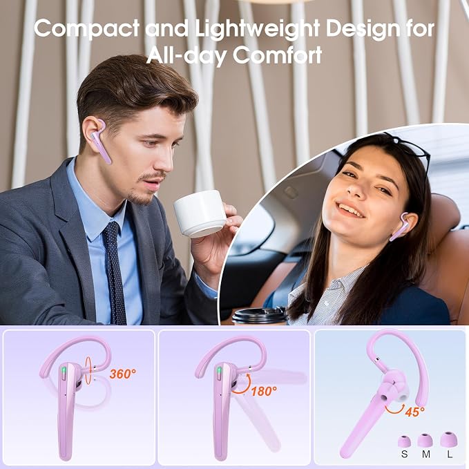 Bluetooth Headset V5.3, Wireless Headset with ENC Noise Canceling Mic, 120Hrs Talk Single-Ear Bluetooth Earpiece, LED Display, IP7 Waterproof Hand-Free Earphone for Business/Trucker/Driver, Purple