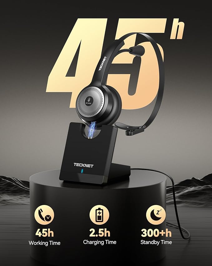 TECKNET Wireless Headset for Work, 45Hrs Worktime AI Noise Cancelling Computer Headphones with Charging Base, Bluetooth Headset with Mic & USB Dongle for PC/Laptop/Call Center