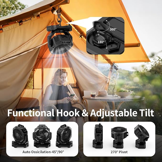 Socool 40000mAh Camping Fan Rechargeable, Battery Operated Portable Outdoor Fan Remote, 136Hrs & 4-Speed Cordless Oscillating, Table Fan with Light & Timer for Tent RV Jobsite Hurricane Power Outage