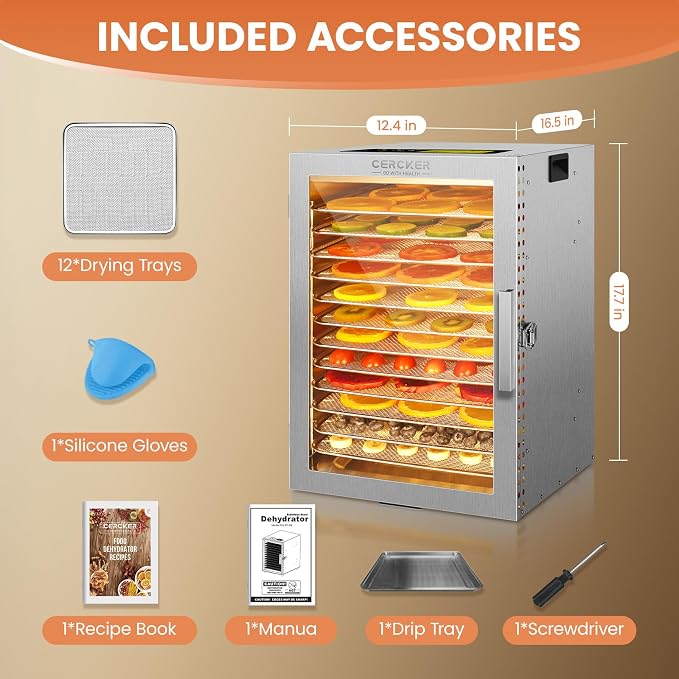 Food-Dehydrator Machine 12 Stainless Steel Trays, 10.9ft² Meat Dehydrator for Jerky, 800W Dryer for Herbs, 190ºF Temperature Control,24H Timer,Powerful Drying Capacity for Fruits,Yogurt