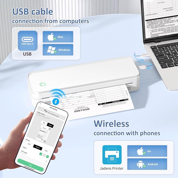 Gloryang Inkless Portable Printer for Travel, Wireless Thermal Printer Supports 8.5 x 11 Inch US Letter Size, Bluetooth Machine Includes Carry Case and 3 Rolls of Thermal Paper Kit, White