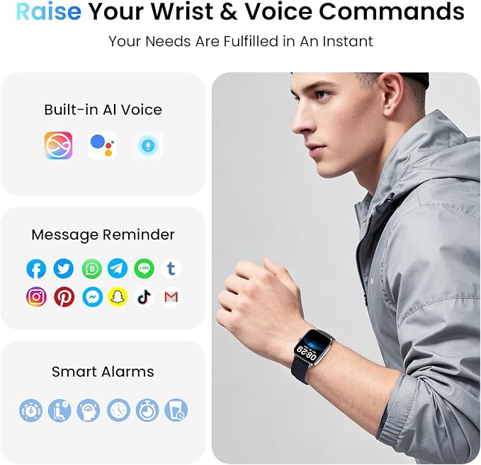 Gydom Smart Watch for Women and Men, 1.85" HD Fitness Trackers for iPhone/Android/Samsung (Answer/Make Calls), Heart Rate/Sleep/SpO2 Monitor, 101+ Sports Modes, IP68 Waterproof, 2 Bands, Black
