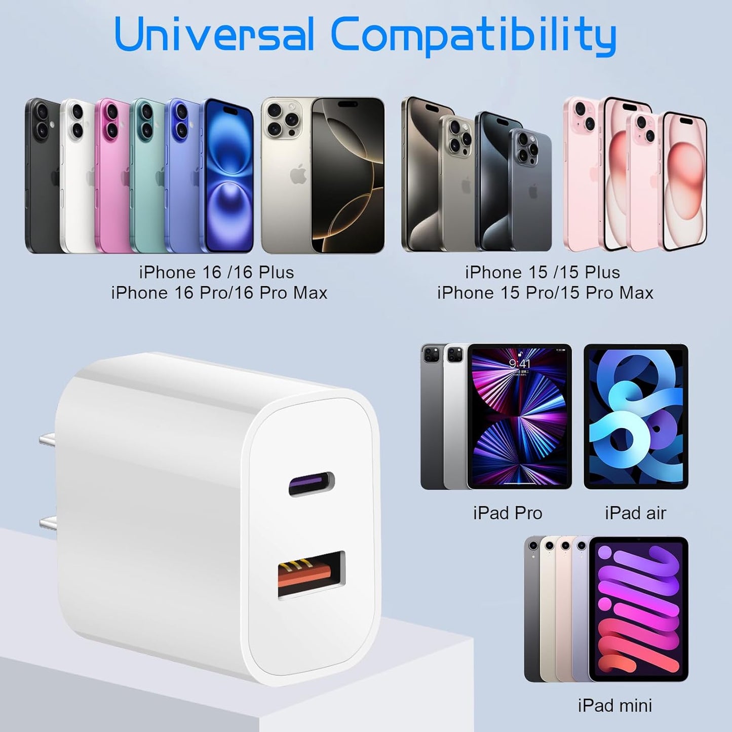 Dual Port A/C Charger for iPhone 16 15,Double A/C iPhone 16 15 Charger Fast Charging Block,2Pack Quick USB C Chargers Fasr Charging 6FT Type C Cable foriPhone 16/16 Pro Max/16e/15 Plus/15 Pro,iPad Pro