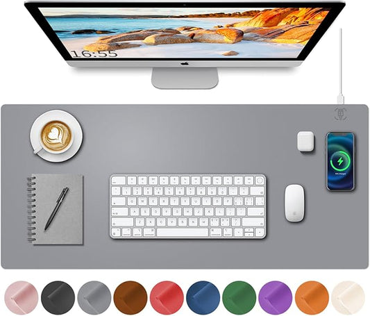 Desk Mat with Wireless Charging, Grey Mouse Pad with Wireless Charger, Desk Pad Matt for Desktop, Mousepad Gaming Large Mouse Pad, Leather Compute for Keyboard and Mouse, 32" x 16"