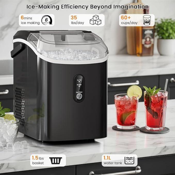 Soft Chewable Nugget Ice Maker, 35Lbs/24Hrs, Self-Cleaning Countertop Pebble Ice Machine with Basket & Scoop for Home, Bar, or Entertaining,Black
