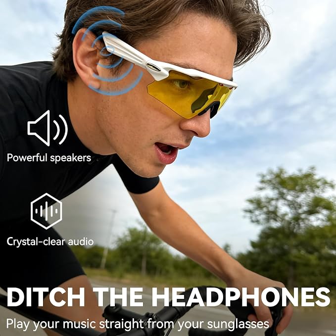 Bluetooth Smart Sunglasses for Men Women, Open-Ear Speaker Glasses with Touch Control, UV400 Polarized Lens, 5-6H Playtime for Outdoor Sports,White and Yellow