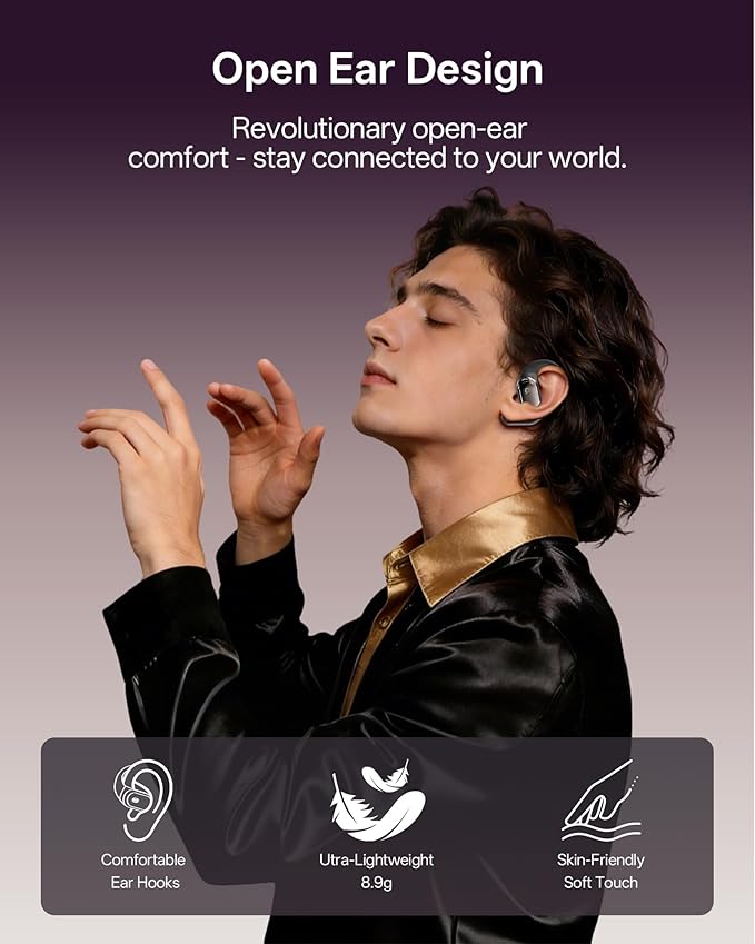 Open Ear Headphones, Over Ear Earbuds with Ear Hooks, True Wireless Bluetooth 6.0 Earphones with Mics, Stereo Sound, Ultra-Comfort, 60H Playtime, IPX7 Waterproof Ear Buds for Running Workout