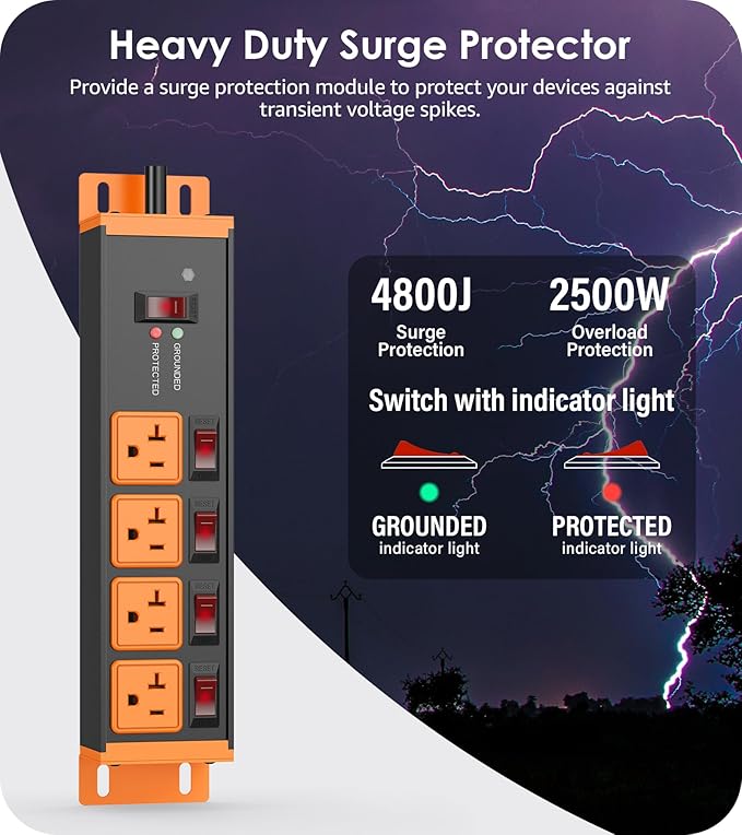 CCCEI Heavy Duty Surge Protector Power Strip 20 Amp Individual Switches. 25FT 12 Gauge Extension Cord with Multiple Outlets. Kitchen, Garage, Shop, Industrial Wall Mount Electric Extender, Orange.