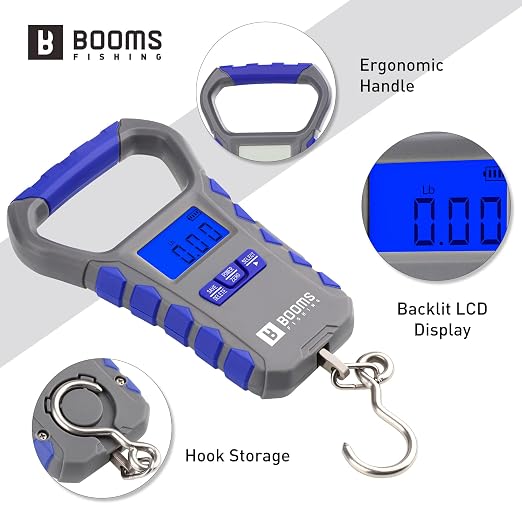 Booms Fishing Digital Fish Scale: USB Charging Fish Weigher 65lb Capacity - Waterproof Luggage Scale, LCD Display, Ergonomic Handle, Potrable Multi-use Fishing Accessories, Gray&Blue, XW50