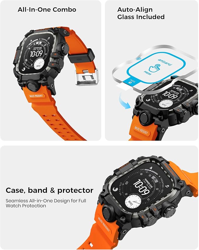 amBand Rugged Case with Band for Apple Watch Ultra 3/2/1 49mm, M3 Military Grade Shockproof Cover, Includes Screen Protector Kit, Tactical Band for Men - Compatible with iWatch Ultra, Orange