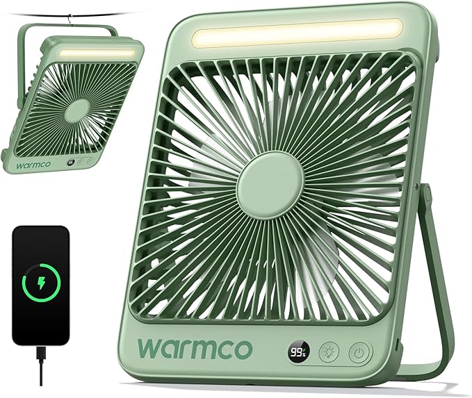 Warmco D4 Battery Powered Camping Fan 20000mAh, LED Lantern | Up To 48H Runtime, Ultra-Slim Quiet 8-Inch Fan, Digital Display & Hook For Tent, Bedroom, Outdoor & Travel