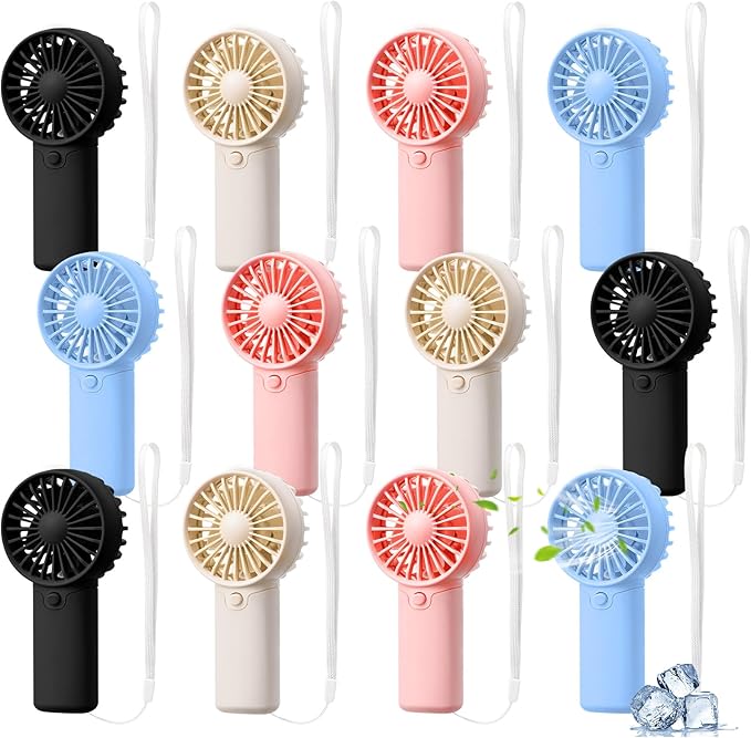Rossesay 12 Pcs Mini Portable Fan Handheld Battery Operated Portable Small Personal Fans for Summer Beach Indoor Outdoor Travel Cooling Gift (White,Pink,Black,Blue)