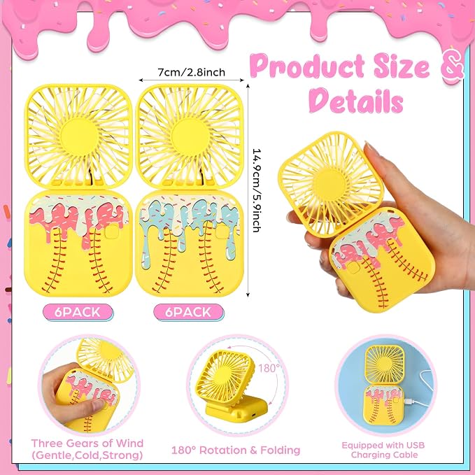 Retisee 12 Pcs Ice Cream Drip Softball Mini Portable Handheld Fans 3 Speed USB Rechargeable Necklace Fans Bulk 180° Foldable Electric Personal for Sport Party Favors Team Game Gift(Yellow)