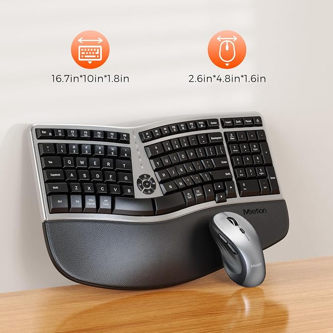 MEETION Ergonomic Keyboard and Mouse Wireless Combo, 2.4G Curved Compact Keyboard with Cushioned Palm Rest, 4 Level DPI Adjustable Wireless Mouse, for Windows/Mac/Desktop/PC/Laptop, Gray Black