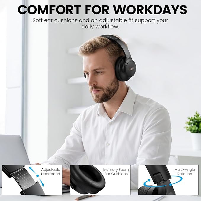 1Mii Y8+ Noise Cancelling Headphones Bluetooth 6.0 Over-Ear Wireless,Black | Hybrid ANC, 100hr Playtime, Comfortable, LDAC Hi-Res Audio, Deep Bass, Custom EQ via APP for Airplane Travel