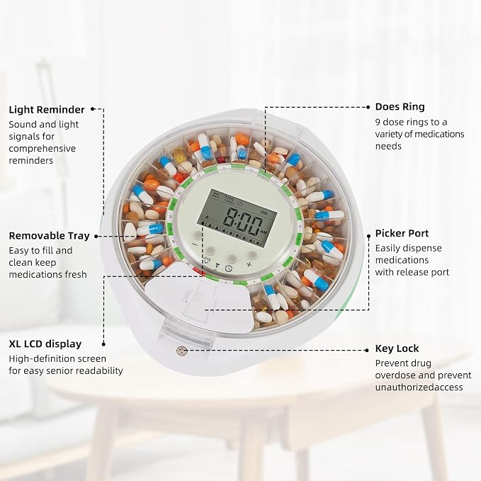 JULOS Automatic Pill Dispenser with 9 Alarms & Front Safety Lock for Elderly & Dementia Care – Sound/Light Reminders, Up to 9 Daily Doses, 28 Compartments Medication Organizer, Clear Lid