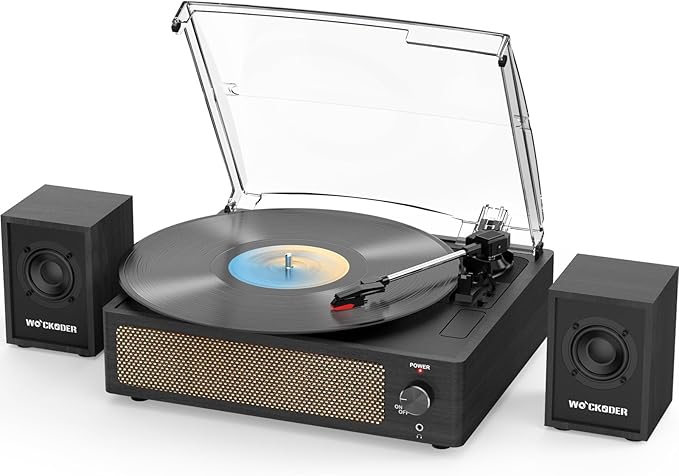 Record Player with Passive Bookshelf Speakers Belt-Drive Vintage Turntable for Vinyl Records External Dual Stereo Speakers LP Players 3 Speed Wireless AUX Headphone Input Auto Stop Retro Black Wooden