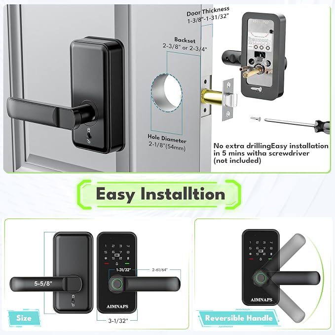Keyless Entry Door Lock with Handle, Door Locks for Front Door, Auto Lock, WiFi Fingerprint Door Knob with App, Key, Passcode, Digital Smart Code & Front Handle Sets-Black