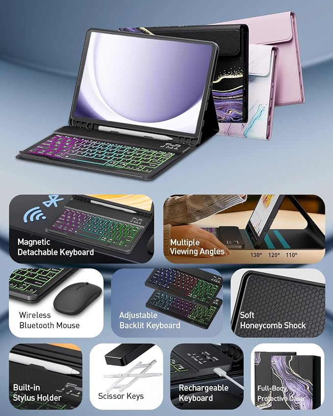 Keyboard Case for Samsung Galaxy Tab A11 Plus 11 Inch 2025/ A9+ Plus 2023 Tablet, Detachable Rainbow Backlit Wireless Keyboard and Mouse, Slim Stand Cover with S Pen Holder (Black Marble)