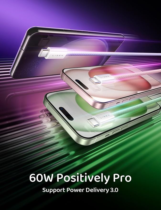 LISEN USB C Cable, 3-Pack [3.3/6.6/10FT] USBC to USBC Cable for iPhone 16e 15 Pro Max Charger Cord, 60W (3.1A) C to C Cable Fast Charging for Samsung S25/S24/23, Switch 2, iPad, MacBook