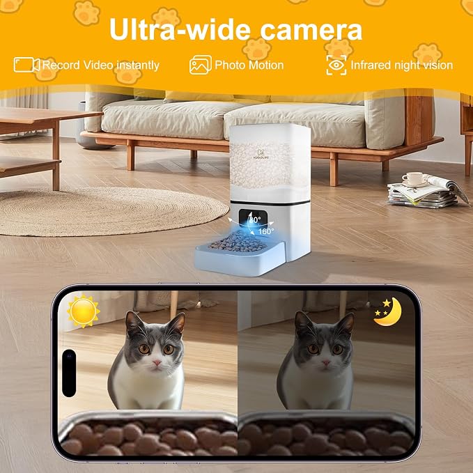 Automatic Cat Feeder with Camera Remote Control via WiFi Mobile APP, Video Viewing and Adjustment, 6L Food Bucket, 15-Second Audio Call for Pets to eat, Low Food Sensor Sound Alarm