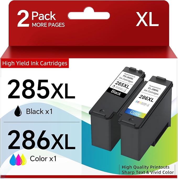 PG-285 XL CL-286 XL Ink Cartridges Black Color Replacement for Canon 285 286 PG-285XL CL-286XL Inkjet Printer Ink Combo Pack Work with PIXMA TS7720 TR7820 TS7722 Printers, High Yield (1 Black 1 Color)