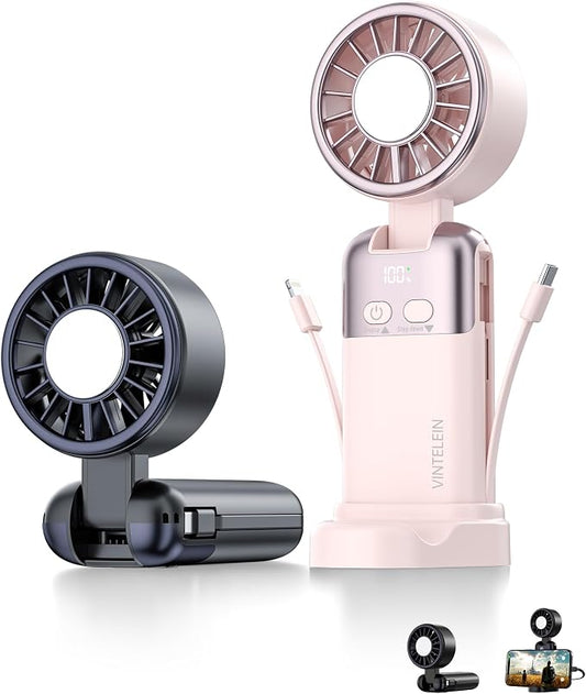Portable Handheld Personal Fan with USB-C & iOS Cables 5V/2.4A Fast Charging for Cellphone/Tablet, 20H Cooling Time, Foldable Design with Phone Stand for Camping Travel Outdoor (2, Black+Pink)