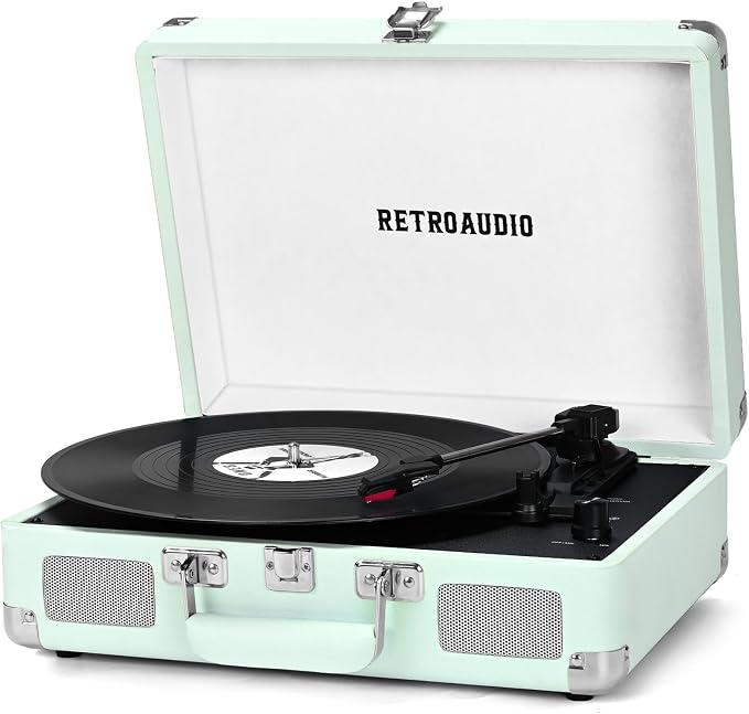Vinyl Record Player Bluetooth Vintage Portable Suitcase Turntable with Built-in Speakers LP Player Support RCA Output and Headphone Output Light Cyan