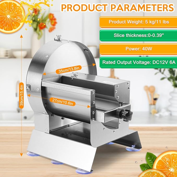 Commercial Vegetable Slicer Commercial Fruit Cutter Electric＆Manual 0-10MM Adjustable Thickness Stainless Steel 0-0.39’’ for Lemons, Cabbage, Potatoes, Apples