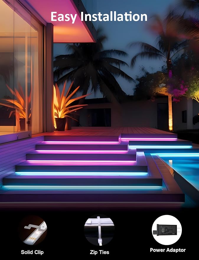 100ft Outdoor Led Strip Lights Waterproof, 480 LEDs Dimmable Outdoor Led Lights with APP and Remote, Music Sync Timing Function RGB Strip Lights for Garden, Pool and Balcony