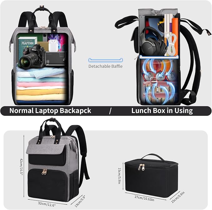 BERTASCHE Lunch Backpack for Women, 17.3 Inch Laptop Backpack with Insulated Cooler Lunch box, Nurse Backpack for Teacher Work Travel College Picnic,Black-Grey