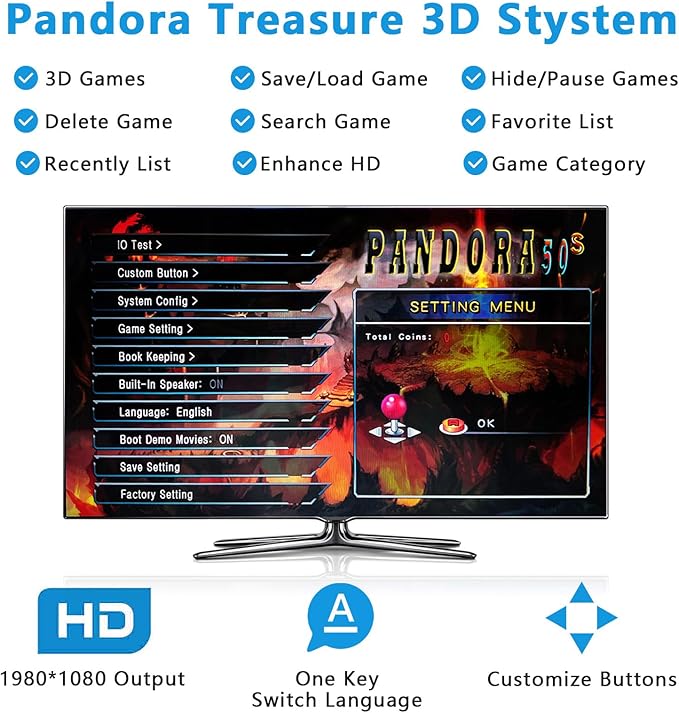 FVBADE [32000 Games in 1 78S Pandora Box Arcade Game Console for PC & Projector & TV,3D Games 1-4 Players Double Joystick Favorite List Game Category Save/Search/Hide/Pause/Delete