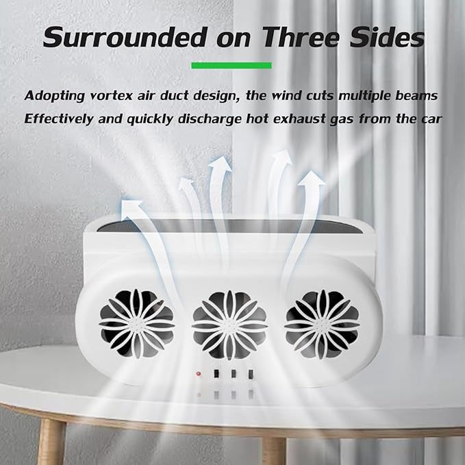 Solar Powered Exhaust Fan for Car Window - Vehicle Ventilation Fan with Three Air Outlet (White)